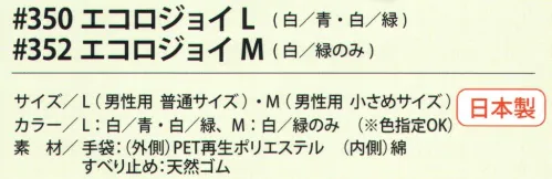 福徳産業 352 エコロジョイ M PETボトルから再生した糸で作った薄手タイプの手袋。天然ゴムのすべり止め付。※この商品はご注文後のキャンセル、返品及び交換は出来ませんのでご注意下さい。※なお、この商品のお支払方法は、先振込（代金引換以外）にて承り、ご入金確認後の手配となります。 サイズ／スペック