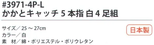 福徳産業 3971-4P-L かかとキャッチ5本指 白（4足組） サポーター付きでピッタリフィット。カカトをキャッチしてズレを防止。カカトなし。※この商品はご注文後のキャンセル、返品及び交換は出来ませんのでご注意下さい。※なお、この商品のお支払方法は、先振込（代金引換以外）にて承り、ご入金確認後の手配となります。 サイズ／スペック