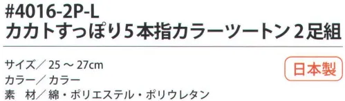 福徳産業 4016-2P-L カカトすっぽり5本指 カラーツートン（2足組） カカトが「カカトすっぽり」編みでずれにくく、足の形に合わせた「テーパー編み」でしめつけ感を解放。履き心地とフィット感をとことん追求。福徳産業のソックスは、5本指や先丸、指又付きなど種類も豊富。特に5本指ソックスは、指が入りやすいようにこだわっています。ふくらはぎのしめつけ感から解放！「かかとすっぽりずれにくい」足の形に合わせた「テーパー編み」人体構造を研究した、段階的着圧。締め付けないのにズレない理由。足首がズレないのは、人間の足の形にそって足首から履き口まで編む「テーパー編み」だからです。段階的に圧力を加えているので、足の疲れを和らげる効果もあります。カカトがズレにくい！かかとを中心としたサポーターによって、カカトがすっぽり包まれてずれにくい！安心感が違います。「大きく編んで縮める」品質へのこだわり。●編み目がつまり、強度アップ！●伸びがよくなるから、5本指靴下でも指がラクラク入る！この差がゆったり感！安心品質日本製。 ※この商品はご注文後のキャンセル、返品及び交換は出来ませんのでご注意下さい。※なお、この商品のお支払方法は、先振込（代金引換以外）にて承り、ご入金確認後の手配となります。 サイズ／スペック