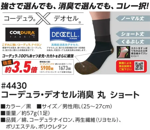 福徳産業 4430 コーデュラ・デオセル消臭 丸 ショート 強さで選んでも、消臭で選んでも、コレ一択！ノーマル丈・ショート丈・くるぶし丈の3種類の丈に加え、先丸タイプと5本指タイプからお好みに合わせて選べる、豊富なバリエーションをご用意しています。特徴こすれに強いコーデュラ®ナイロン摩擦・引裂き・擦り切れに強く、高い耐久性を持つ素材。デオセル®消臭糸使用強力な消臭効果があり、洗濯を繰り返しても効果が持続。摩擦強度 約3.5倍コーデュラソックス:5900回通常ソックス:1673回（カケンテストセンターにて試験を実施）ズレにくい立体構造編みカカトをしっかり包み込み、フィット感向上。仕様品番:4430品名:コーデュラ・デオセル消臭 丸 ショート重量:約57g(1足) サイズ／スペック