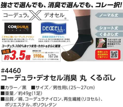 福徳産業 4460 コーデュラ・デオセル消臭 丸 くるぶし 強さで選んでも、消臭で選んでも、コレ一択！ノーマル丈・ショート丈・くるぶし丈の3種類の丈に加え、先丸タイプと5本指タイプからお好みに合わせて選べる、豊富なバリエーションをご用意しています。特徴こすれに強いコーデュラ®ナイロン摩擦・引裂き・擦り切れに強く、高い耐久性を持つ素材。デオセル®消臭糸使用強力な消臭効果があり、洗濯を繰り返しても効果が持続。摩擦強度 約3.5倍コーデュラソックス:5900回通常ソックス:1673回（カケンテストセンターにて試験を実施）ズレにくい立体構造編みカカトをしっかり包み込み、フィット感向上。仕様品番:4460品名:コーデュラ・デオセル消臭 丸 くるぶし重量:約49g(1足) サイズ／スペック