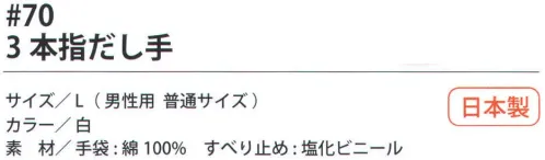 福徳産業 70-TE 3本指だし手 手袋をはめたまま3本の指先が使える薄手指切りタイプ、指切りの指が少し長め。小指又を下げた「三本胴編み」で手にフィット。品質の良い手袋ならやっぱり日本製。福徳産業(株)の手袋はすべて小指又を下げて編んだ「三本胴編み」です。小指又が下がったことで、より手の形に近く、フィットする手袋になりました。今までと違うフィット感！軍手はどれも同じだと思っていませんか？福徳産業の手袋は「日本製」です。安心・安全の品質だけではありません。一日仕事をしても「疲れにくい工夫」がされています。小指又を下げて編む製法「三本胴編み」小指又を下げて編むと・・・使う頻度の多い小指の指又がピッタリフィット！はめた感じが手になじみ、作業が楽になる！人の手は、小指が、人差し指・中指・薬指の3本より下にあります。福徳産業の軍手は全て小指又が下がっています。※この商品はご注文後のキャンセル、返品及び交換は出来ませんのでご注意下さい。※なお、この商品のお支払方法は、先振込（代金引換以外）にて承り、ご入金確認後の手配となります。 サイズ／スペック