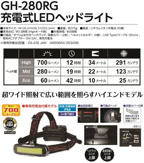 福徳産業 GH-280RG 充電式LEDヘッドライト 超ワイド照射で広い範囲を照らすハイエンドモデル仕様品番:GH-280RG品名:充電式LEDヘッドライト明るさ:700ルーメン付属品すべり止め付きヘッドバンド保護カバー ×2ヘルメットホルダー ×4USB Type-Cケーブル（50cm）専用ACAアダプター（5V/2A）専用充電池  サイズ／スペック