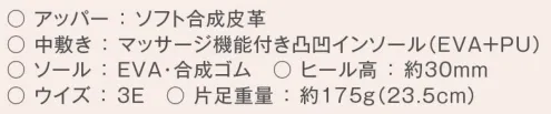 富士ゴムナース 3400 たおやかナース 56年前。日本で初めて作ったナースシューズはパンプスでした。56年前、日本で初めて作られたナースシューズは富士ゴムナース(株)の布製のパンプスでした。「原点回帰」、昔の良さを残しつつ現代風にアレンジした全く新しい「たおやかナース」の誕生です。たおやか･･･姿・形・動作がしなやかでやさしく、しかし、しっかりと大地に根を張っているさまスニーカーのように走れるパンプス！56年前の靴箱も復刻しました！●歩きやすく、疲れにくいと言われる3cmヒールを採用しました。背筋が伸びスタイルが良く見えて美脚効果抜群です！●甲の部分はバレエシューズの様な伸縮性の高いギャザー仕様ですので、足を包む様に快適なフィット感が得られます。●足当たりの優しい凹凸効果で、マッサージのような気持ちの良いインソールです。足裏との密着も防ぐので、通気性も高い構造になっています。更に、抗菌・防臭加工済みですので、ニオイとムレ対策はバッチリです！●アッパーである合成皮革とインソールの両方に抗菌・防臭加工を施しました。靴の中だけではなく、外側も抗菌仕様ですので、菌の付着を防ぎ、より安心・安全にお履き頂けます。※「ホワイト」は、販売を終了致しました。※納期に、約1週間程度かかります。※この商品はご注文後のキャンセル、返品及び交換は出来ませんのでご注意下さい。※なお、この商品のお支払方法は、先振込(代金引換以外)にて承り、ご入金確認後の手配となります。 サイズ／スペック