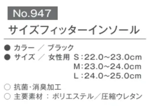 富士ゴムナース 947 サイズフィッターインソール 靴の中で足が前に動いてしまう悩みを緩和大きめの靴をピッタリフィットさせたい時に最適。Sサイズ:22.0～23.0cmMサイズ:23.0～24.0cmLサイズ:24.0～25.0cm サイズ／スペック