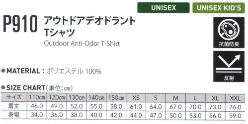 FLORIDAWIND P-910 アウトドアデオドラントTシャツ OUTDOOR serieswundou初のデオドラントTシャツは、嫌な臭いを抑制させる加工が施されているので防臭効果バツグン。暑いシーズンのトレッキングやキャンプだけでなく、普段使いもOK。また、抗菌作用もあるので、Tシャツに付着した汗や皮脂などからの菌の増殖を防止。重宝される事間違いなしのニューアイテム。 サイズ／スペック