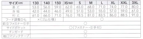 FLORIDAWIND P4211 裏フリースパーカージャケット 裏地がフリース素材の保温性に優れたパーカージャケットです。撥水機能、防風機能もあるので体を冷やすことなく着用することが出来ます。 サイズ／スペック