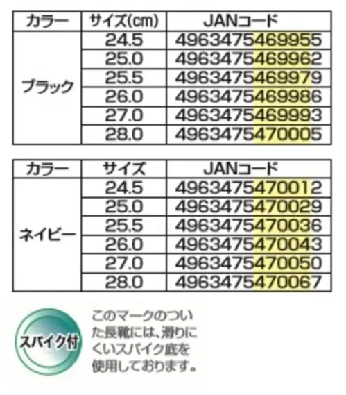 福山ゴム工業 AA981 ユンケルカラーウレタン#10（スパイク付） ユンケルカラーウレタン#10 スパイク付長靴スパイクを搭載した作業用長靴です。耐久性に優れたラバー素材を使用し、滑りやすい現場でも安心して使用できます。特徴・スパイクで優れた防滑性を実現・3Eワイズ設計で足にやさしいフィット感・35.0cmのロング丈で膝下までしっかりカバー・モールド底による優れたグリップ力を発揮・紐付きでフィット感の調整が可能仕様・品番:AA981・品名:ユンケルカラーウレタン#10・カラー:ブラック、ネイビー・サイズ:24.5cm～26.0・27.0・28.0cm・重量:片足810g・製品寸法(外寸):35.0cm・生産国:中国・JANコード:ブラック（4963475469955～4963475470005）、ネイビー（4963475470012～4963475470067）※この商品はご注文後のキャンセル、返品及び交換は出来ませんのでご注意ください。※なお、この商品のお支払方法は、前払いにて承り、ご入金確認後の手配となります。 サイズ／スペック