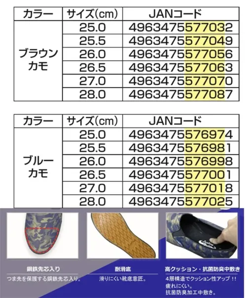 福山ゴム工業 EE804 ラスティングブル LBS-804 ラスティングブル LBS-804 セーフティーシューズ耐滑底と高クッション性を備えた抗菌防臭中底のセーフティーシューズです。快適な履き心地と機能性を両立させたカジュアルデザインのスリッポンモデルです。特徴・鉄製先芯入りでつま先をしっかり保護・耐滑性に優れたラバーソール・高クッションで疲れにくい設計・抗菌防臭中底で快適な履き心地・2Eワイド設計で足にフィット・カモフラージュ柄のスタイリッシュなデザイン仕様・商品名:ラスティングブル LBS-804・商品番号:EE804・カラー:ブラウンカモ、ブルーカモ・サイズ:25.0～27.0・28.0cm・重量:405g（片足）生産国:中国・JANコード:ブラウンカモ（4963475577032～4963475577087）、ブルーカモ（4963475576974～4963475577025）※この商品はご注文後のキャンセル、返品及び交換は出来ませんのでご注意ください。※なお、この商品のお支払方法は、前払いにて承り、ご入金確認後の手配となります。 サイズ／スペック