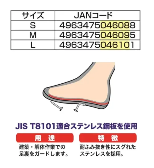 福山ゴム工業 LA163 踏み抜き防止中敷 踏み抜き防止中敷建築現場や解体作業での安全を確保する、JIS T8101適合のステンレス鋼板を使用した踏み抜き防止中敷です。高い耐久性と安全性を両立させた専門的な作業用中敷です。特徴・JIS T8101適合のステンレス鋼板を採用し、確かな踏み抜き防止性能を実現・建築・解体作業での足裏を効果的に保護・耐踏み抜き性に優れたステンレス素材を使用・コットン素材との組み合わせで快適な履き心地を実現仕様・素材:ステンレス鋼/コットン・サイズ:S(24.5～25.0cm)、M(25.5～26.0cm)、L(26.5～28.0cm)・生産国:中国※この商品はご注文後のキャンセル、返品及び交換は出来ませんのでご注意ください。※なお、この商品のお支払方法は、前払いにて承り、ご入金確認後の手配となります。 サイズ／スペック