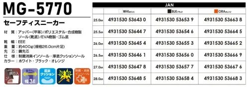 喜多 MG-5770 セーフティースニーカースリポン（紐デザイン） MG-5770 セーフティスニーカースリポン快適な履き心地と高い機能性を兼ね備えたAir through Dryシリーズの安全スニーカーです。厚底クッションと通気性の高い設計で、長時間の作業でも疲れにくい仕様となっています。特徴・通気性に優れたAir through Dryテクノロジーで蒸れにくい設計・厚底クッションソールで疲労を軽減し、長時間の作業をサポート・履き口に厚めのクッションを採用し、快適なフィット感を実現・つま先から踵部にかけての靴底カーブフォルムが安定した足運びをサポート・靴底が足を包むようにフィットし、安定性を高める設計・制菌・消臭インソールを標準装備で清潔な履き心地・反射材を採用し、暗所での視認性を確保仕様・品番:MG-5770・カラー:ホワイト、ブラック、オレンジ・サイズ:25.0cm～28.0cm・靴幅:3E・重量:約400g（規格26.0cm片足）・メーカーコード:4931530・JANコード:WHI（53643-0～53648-5）、BLK（53653-9～53658-4）、ORA（53663-8～53668-3）※この商品はご注文後のキャンセル、返品及び交換は出来ませんのでご注意ください。※なお、この商品のお支払方法は、前払いにて承り、ご入金確認後の手配となります。 サイズ／スペック