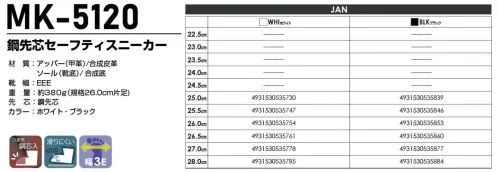 喜多 MK-5120 セーフティースニーカー MK-5120 セーフティースニーカー飽きの来ないクラシックなデザインと機能性を兼ね備えたMEGA SAFETYの安全スニーカーです。クッション性と通気性を重視した快適な履き心地を実現しました。特徴・作業時の安全を確保する鋼製先芯を搭載・クッション性の高いソールで長時間の作業も快適・通気性のあるメッシュインソールで蒸れを軽減・独自のパターン設計による滑りにくい靴底を採用・幅広3E設計でゆったりとした履き心地・シンプルで飽きのこないデザイン・軽量設計で疲れにくい構造仕様・品番:MK-5120・カラー:ホワイト、ブラック・サイズ:22.5cm～28.0cm・重量:約380g（26.0cm片足）・メーカーコード:4931530・JANコード:WHI（535730～535785）、BLK（535839～535884）※この商品はご注文後のキャンセル、返品及び交換は出来ませんのでご注意ください。※なお、この商品のお支払方法は、前払いにて承り、ご入金確認後の手配となります。 サイズ／スペック
