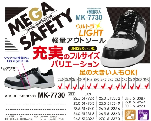 喜多 MK-7730 セーフティースニーカー MEGA SAFETY MK-7730 軽量安全靴軽量性と安全性を兼ね備えたウルトラライトシリーズの安全靴です。快適な履き心地と作業効率を追求した樹脂先芯入りのユニセックスモデルです。特徴・樹脂先芯採用で従来の鋼製先芯より軽量化を実現・クッション性豊かなEVAミッドソールで疲労を軽減・優れたグリップ力を発揮するラバーソールを採用・ユニセックスタイプで幅広いサイズ展開（22.5cm～30.0cm）・足の大きな方にも対応する充実のフルサイズバリエーション・軽量アウトソールで作業効率をアップ・4E設計で幅広の足にもフィット仕様・品番:MK-7730・カラー:ホワイト/ブラック・サイズ:22.5cm～30.0cm・メーカーコード:4931530・重さ:約300g/片足（26.0cm）・JANコード:WHI（51492-6～51497-1）※この商品はご注文後のキャンセル、返品及び交換は出来ませんのでご注意ください。※なお、この商品のお支払方法は、前払いにて承り、ご入金確認後の手配となります。 サイズ／スペック