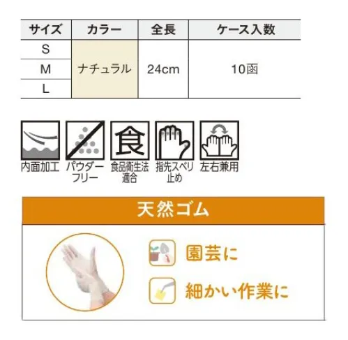 ショーワグローブ 0404237837-CASE ナイスハンド きれいな手 つかいきりグローブ 天然ゴム S ナチュラル（100枚×10箱） ナイスハンド きれいな手 つかいきりグローブ 天然ゴム S ナチュラル（100枚×10箱）取り出しやすいボックスタイプの天然ゴム製使いきり手袋100枚入です。伸縮性に優れ、薄く手にしなやかにフィットします。天然ゴム製のためやわらかく手になじみ、指先の感覚を活かせます。パウダーフリー(粉なし)タイプです。左右兼用です。ぬぎはめしやすいよう、手袋内面に加工を施しています。食品衛生法に基づく、食品、添加物等の規格基準(昭和34年 厚生省告示第370号)に適合。◆おすすめの用途・掃除・洗濯・園芸・介護当品はSサイズです。Mサイズ(0404237838、0404237838-CASE)とLサイズ(0404237839、0404237839-CASE)もございます。1ケース(10箱)での販売となります。5箱での販売(0404237837)もございます。※この商品はご注文後のキャンセル、返品及び交換は出来ませんのでご注意下さい。なお、この商品のお支払方法は、先振込（代金引換以外）にて承り、ご入金確認後の手配となります。 サイズ／スペック