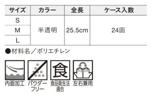 ショーワグローブ 0404871164-CASE No.846 きれいな手 つかいきりグローブ 半透明 S（100枚×24箱） No.846 きれいな手 つかいきりグローブ S（100枚×24箱）846:食品衛生法に基づく、食品、添加物等の規格基準(昭和34年厚生省告示第370号)に適合しています。パウダーフリータイプなので手に粉がつきません。ラテックスアレルギーの元となるタンパク質を含みません。◆おすすめの用途・衛生対策・お掃除・調理・食品産業・介護当品はSサイズです。Mサイズ(0404871165、0404871165-CASE)とLサイズ(0404871166、0404871166-CASE)もございます。1ケース(24箱)での販売となります。5箱での販売(0404871164)もございます。※この商品はご注文後のキャンセル、返品及び交換は出来ませんのでご注意下さい。なお、この商品のお支払方法は、先振込（代金引換以外）にて承り、ご入金確認後の手配となります。 サイズ／スペック