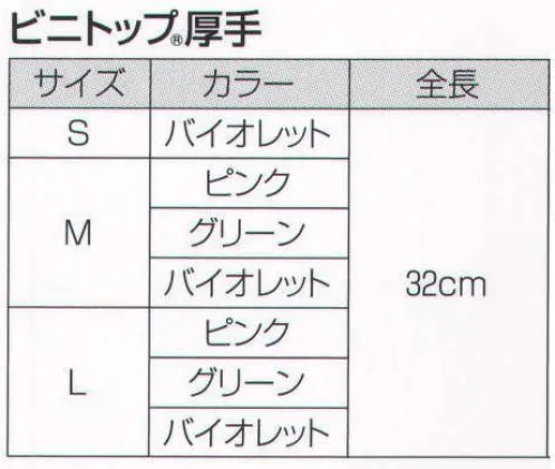 ショーワグローブ 132 ビニトップ厚手 ビニール厚手(10双入) 塩化ビニール製裏毛付厚手タイプ。耐久性のある丈夫な厚手タイプです。清掃などの水回りの作業には防水性のあるオールコートタイプがおすすめです。※食品に直接触れる作業には「食品衛生法適合」表記のある商品をお使いください。●独自のパターンにより、高いスベリ止め効果を発揮。●ぬぎはめしやすくするため、手袋内面に繊維を植毛。●傷つきやすい指先を、2度漬け加工で強化。【用途】農業/水産・漁業/清掃・サービス業/機械工業/自動車関連業/園芸・造園業※「Sサイズ」は、「バイオレット」のみです。※10双入り/袋。※この商品はご注文後のキャンセル、返品及び交換は出来ませんのでご注意下さい。※なお、この商品のお支払方法は、先振込（代金引換以外）にて承り、ご入金確認後の手配となります。 サイズ／スペック