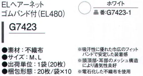 ガードナー G7423-1 ELヘアーネットゴムバンド付（20枚入り） 吸汗性に優れた幅広のフィットバンドで安定した装着感。電石化した不織布を使用しています。頭頂部・耳部がメッシュで通気性に優れています。 ※20枚入りです。※この商品は、ご注文後のキャンセル・返品・交換ができませんので、ご注意下さいませ。※なお、この商品のお支払方法は、先振込（代金引換以外）にて承り、ご入金確認後の手配となります。 サイズ／スペック