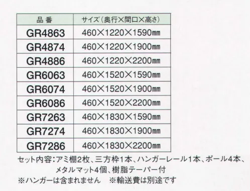 ガードナー GR4863 ステンレスハンガーラック 作業スペースに合った最適な一台。「セット内容」アミ棚2枚、三方枠1本、ハンガーレール1本、ポール4本、メタルマット4個、樹脂テーパー付。※ハンガー・ウェアは別売です。 ※輸送費は別途です。お見積り致しますので、お問い合わせ下さい。 ※この商品は、ご注文後のキャンセル・返品・交換ができませんので、ご注意下さいませ。※なお、この商品のお支払方法は、先振込（代金引換以外）にて承り、ご入金確認後の手配となります。 サイズ／スペック