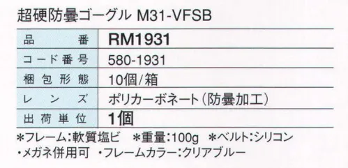 ガードナー RM1931 超硬防曇ゴーグル M31-VFSB くもりをシャットアウト 「ゴーグル」 超硬防曇レンズを採用。ベルト脱着が容易です。広い視野角です。※メガネ併用可。 ※この商品は、ご注文後のキャンセル・返品・交換ができませんので、ご注意下さいませ。※なお、この商品のお支払方法は、先振込（代金引換以外）にて承り、ご入金確認後の手配となります。 サイズ／スペック