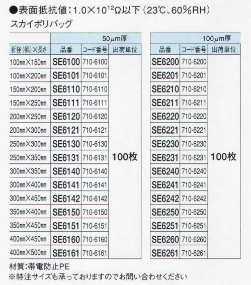 ガードナー SE6100 スカイポリパック（100枚入） 帯電防止透明袋。静電気対策用品 「包装資材」 帯電防止性能を持ち、しかも透明ですので内容物の確認も簡単にできます。電子機器部品梱包用です。※特注サイズも承っておりますのでお問い合わせください。 ※この商品は、ご注文後のキャンセル・返品・交換ができませんので、ご注意下さいませ。※なお、この商品のお支払方法は、先振込（代金引換以外）にて承り、ご入金確認後の手配となります。 サイズ／スペック