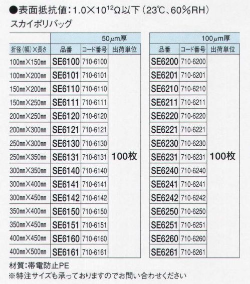 ガードナー SE6101 スカイポリパック（100枚入） 帯電防止透明袋。静電気対策用品 「包装資材」 帯電防止性能を持ち、しかも透明ですので内容物の確認も簡単にできます。電子機器部品梱包用です。※特注サイズも承っておりますのでお問い合わせください。 ※この商品は、ご注文後のキャンセル・返品・交換ができませんので、ご注意下さいませ。※なお、この商品のお支払方法は、先振込（代金引換以外）にて承り、ご入金確認後の手配となります。 サイズ／スペック