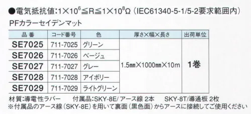 ガードナー SE7025 PFカラーセイデンマット（グリーン） 作業台や保管棚のマットとして最適。静電気対策用品。補強用クロス採用で強度・寸法安定性・フラット性に優れています。表面は特殊加工で光の反射を軽減します。※付属品のアース線（SKY-8E）を用いて裏面（黒色面）からアースに接続してご使用ください。 ※この商品は、ご注文後のキャンセル・返品・交換ができませんので、ご注意下さいませ。※なお、この商品のお支払方法は、先振込（代金引換以外）にて承り、ご入金確認後の手配となります。 サイズ／スペック