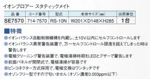 ガードナー SE7570 イオンブロアー スタティックメイト RS-10N アッセンブルラインの静電気障害防止。コンピューター室、精密設定室での静電気による誤作動を防ぎます。プラスチック製品の埃・汚れの付着を防ぎます。高速印刷ラインでの静電気を防ぎます。光学機器、精密部品の埃付着を防ぎます。織物等の加工時の静電気を防ぎます。 ※この商品は、ご注文後のキャンセル・返品・交換ができませんので、ご注意下さいませ。※なお、この商品のお支払方法は、先振込（代金引換以外）にて承り、ご入金確認後の手配となります。 サイズ／スペック