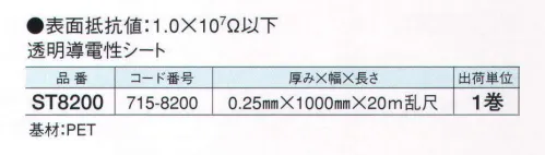 ガードナー ST8200 透明導電性シート 透明度が高く加工が簡単。静電気対策用品 「導電性パーテーションフィルム」 低コンタミ、低アウトガスなのでクリーンルームにも持ち込み可能なシートです。CRTモニター画面の静電気シールドカバー等に使用できます。 ※この商品は、ご注文後のキャンセル・返品・交換ができませんので、ご注意下さいませ。※なお、この商品のお支払方法は、先振込（代金引換以外）にて承り、ご入金確認後の手配となります。 サイズ／スペック