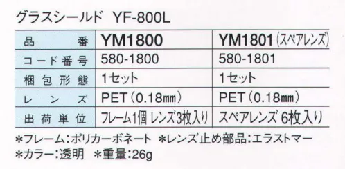 ガードナー YM1801 グラスシールドYF-800L スペアレンズ スペアレンズ  ※画像は YM1800 グラスシールドセットとなります。※フレーム類は別売となります。※この商品は、ご注文後のキャンセル・返品・交換ができませんので、ご注意下さいませ。※なお、この商品のお支払方法は、先振込（代金引換以外）にて承り、ご入金確認後の手配となります。 サイズ／スペック