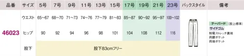 アイトス (ハイナック) 46023-011-B テーパードパンツ　17号～21号 センスが薫る 品格トラッド今を感じさせるトラッドスタイルに品格をまとわせたスーツシリーズ素材、デザイン、機能のすべてが、オフィスからフォーマルなシーンまで対応できるクオリティー。しかも、サステナブルな面も配慮した『エコトラッドチェック』。クラシックとトレンドが調和する見た目と着心地のよさで、着る人には華やぎを、接する人には好印象を与える、洗練されたスーツシリーズです。ウールライクポリエステル100％ながら、手ざわりのなめらかさやふんわりとした軽やかさ、生地の杢感や凝った表面感といった、ウールのような質感が魅力。イージーケアで扱いやすいのもポイント。サステナブル使用済みのペットボトルから作られた、再生ポリエステル糸を使用。ゴミと資源使用量を削減し、環境への負荷を抑えるサステナブルな商品。繊細なチェック柄複数の糸使いや染め分けで、繊細なチェック柄を表現。遠目では無地のようなのに、近づくと柄が映えて豊かな表情を見せる、技ありチェック。動きやすさストレッチ性を備えた軽量素材だから姿勢や動きになじみ、疲れにくくてラク。着用時間の長いユニフォームにぴったりな着心地のよさです。バリュープライス機能性とデザイン性を兼ね備えながら、お求めやすい価格を実現。オフィスから接客まで、さまざまなシーンで働く方におすすめです。王道ネイビーで信頼感を味方につけてストレッチ性があり、動きや姿勢に合わせてしなやかにフィットアクティブな日も、座り仕事のときも、快適に過ごせます。●ウエストゴム仕様…ウエストベルトのバックサイド部分にゴムが入っているので、はき心地ラクでスマート。※この商品は股下フリーのため、着用するには丈詰めが必要です。※23号は受注生産になります。※受注生産品につきましては、ご注文後のキャンセル、返品及び他の商品との交換、色・サイズ交換が出来ませんのでご注意ください。※受注生産品のお支払い方法は、前払いにて承り、ご入金確認後の手配となります。 サイズ／スペック