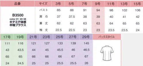 アイトス (ハイナック) B3500-01 キテミテ体感半袖ブラウス Pieds Brid からだ喜ぶ服 「キテミテ体感」肩腕らくらくほっそりブラウス。つっぱりにくいから、なんだか身軽な気分♪スカーフとも合わせやすいスッキリデザイン。衿を開けてもきれい♪アクセを合わせておしゃれに。ベーシックデザインのブラウスは、きちんと感ありで好印象。ボトムを選ばない着回し力で、いろんなシーンで大活躍。【キテミテ体感POINT】【1】腕が上げやすくて快適。裾が出にくい細見せの身頃で美しく！袖下の長さが通常のブラウスより約4cm長いので腕が上がりやすい。裾が上がりにくい。身頃は従来品より細見せ設計。【2】マチ入りなので、腕が上げやすくベスト着用でも着くずれしにくい。腕を上げてもシワがよりにくいので着くずれしにくい。スッキリらくらくキレイ！キレイのための、うれしい機能いっぱい。ベストなどのインでも裾が出にくく、防透け性にも優れ、チラ見え防止のデリケートボタン付き。しかも、ノーアイロン、衿などの汚れが落ちやすいステインオフ加工もついた簡単ケアです。●お手入れラクラク！ノーアイロン。帰ったら洗濯機にポンッ！ちゃんとたたんでネットに入れて、洗濯機で洗います。脱水は弱めにした方がシワが出来にくく、生地が傷みにくいです。シワを伸ばしてハンガーへ！脱水後は、ササッとシワを伸ばして、ハンガーにかけて乾かします。朝にはスキッと乾いてる！スピーディーに乾く素材なので、翌朝にはキレイに乾いています。●皮脂汚れが落ちやすい！ステインオフ。ひじの汚れやファンデなどがつきにくく、汚れても落としやすいステインオフ加工。衿汚れが繊維上のSR剤に擦りこまれて付着します→洗液中でSR剤が膨潤し、付着した汚れを押し上げ、落ちやすくします。●東レスプリンジー生地使用。吸水性は綿の7倍以上！だから、汗をかいても着心地サラッ。お洗濯時の乾きもスピーディーです。セラミックを練り込んだ特殊ポリマーの働きで、気になる透けを防止。UVカット効果も発揮。●見えないところにもやさしい工夫。デリケートボタン。合わせのすき間から中が見えないデリケートボタン。※21号・23号・25号・27号・29号は受注生産になります。※受注生産品につきましては、ご注文後のキャンセル、返品及び他の商品との交換、色・サイズ交換が出来ませんのでご注意ください。※受注生産品のお支払い方法は、先振込（代金引換以外）にて承り、ご入金確認後の手配となります。 サイズ／スペック