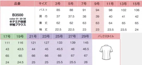 アイトス (ハイナック) B3500-20-C キテミテ体感半袖ブラウス　21号(特注)～29号(特注) Pieds Brid からだ喜ぶ服 「キテミテ体感」肩腕らくらくほっそりブラウス。つっぱりにくいから、なんだか身軽な気分♪スカーフとも合わせやすいスッキリデザイン。衿を開けてもきれい♪アクセを合わせておしゃれに。ベーシックデザインのブラウスは、きちんと感ありで好印象。ボトムを選ばない着回し力で、いろんなシーンで大活躍。【キテミテ体感POINT】【1】腕が上げやすくて快適。裾が出にくい細見せの身頃で美しく！袖下の長さが通常のブラウスより約4cm長いので腕が上がりやすい。裾が上がりにくい。身頃は従来品より細見せ設計。【2】マチ入りなので、腕が上げやすくベスト着用でも着くずれしにくい。腕を上げてもシワがよりにくいので着くずれしにくい。スッキリらくらくキレイ！キレイのための、うれしい機能いっぱい。ベストなどのインでも裾が出にくく、防透け性にも優れ、チラ見え防止のデリケートボタン付き。しかも、ノーアイロン、衿などの汚れが落ちやすいステインオフ加工もついた簡単ケアです。●お手入れラクラク！ノーアイロン。帰ったら洗濯機にポンッ！ちゃんとたたんでネットに入れて、洗濯機で洗います。脱水は弱めにした方がシワが出来にくく、生地が傷みにくいです。シワを伸ばしてハンガーへ！脱水後は、ササッとシワを伸ばして、ハンガーにかけて乾かします。朝にはスキッと乾いてる！スピーディーに乾く素材なので、翌朝にはキレイに乾いています。●皮脂汚れが落ちやすい！ステインオフ。ひじの汚れやファンデなどがつきにくく、汚れても落としやすいステインオフ加工。衿汚れが繊維上のSR剤に擦りこまれて付着します→洗液中でSR剤が膨潤し、付着した汚れを押し上げ、落ちやすくします。●東レスプリンジー生地使用。吸水性は綿の7倍以上！だから、汗をかいても着心地サラッ。お洗濯時の乾きもスピーディーです。セラミックを練り込んだ特殊ポリマーの働きで、気になる透けを防止。UVカット効果も発揮。●見えないところにもやさしい工夫。デリケートボタン。合わせのすき間から中が見えないデリケートボタン。※21号・23号・25号・27号・29号は受注生産になります。※受注生産品につきましては、ご注文後のキャンセル、返品及び他の商品との交換、色・サイズ交換が出来ませんのでご注意ください。※受注生産品のお支払い方法は、先振込（代金引換以外）にて承り、ご入金確認後の手配となります。 サイズ／スペック