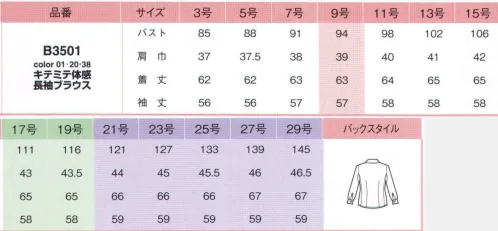 アイトス (ハイナック) B3501-01 キテミテ体感長袖ブラウス Pieds Brid からだ喜ぶ服 「キテミテ体感」肩腕らくらくほっそりブラウス。つっぱりにくいから、なんだか身軽な気分♪スカーフとも合わせやすいスッキリデザイン。衿を開けてもきれい♪アクセを合わせておしゃれに。ベーシックデザインのブラウスは、きちんと感ありで好印象。ボトムを選ばない着回し力で、いろんなシーンで大活躍。【キテミテ体感POINT】【1】腕が上げやすくて快適。裾が出にくい細見せの身頃で美しく！袖下の長さが通常のブラウスより約4cm長いので腕が上がりやすい。裾が上がりにくい。身頃は従来品より細見せ設計。【2】マチ入りなので、腕が上げやすくベスト着用でも着くずれしにくい。腕を上げてもシワがよりにくいので着くずれしにくい。スッキリらくらくキレイ！キレイのための、うれしい機能いっぱい。ベストなどのインでも裾が出にくく、防透け性にも優れ、チラ見え防止のデリケートボタン付き。しかも、ノーアイロン、衿などの汚れが落ちやすいステインオフ加工もついた簡単ケアです。●お手入れラクラク！ノーアイロン。帰ったら洗濯機にポンッ！ちゃんとたたんでネットに入れて、洗濯機で洗います。脱水は弱めにした方がシワが出来にくく、生地が傷みにくいです。シワを伸ばしてハンガーへ！脱水後は、ササッとシワを伸ばして、ハンガーにかけて乾かします。朝にはスキッと乾いてる！スピーディーに乾く素材なので、翌朝にはキレイに乾いています。●皮脂汚れが落ちやすい！ステインオフ。ひじの汚れやファンデなどがつきにくく、汚れても落としやすいステインオフ加工。衿汚れが繊維上のSR剤に擦りこまれて付着します→洗液中でSR剤が膨潤し、付着した汚れを押し上げ、落ちやすくします。●東レスプリンジー生地使用。吸水性は綿の7倍以上！だから、汗をかいても着心地サラッ。お洗濯時の乾きもスピーディーです。セラミックを練り込んだ特殊ポリマーの働きで、気になる透けを防止。UVカット効果も発揮。●見えないところにもやさしい工夫。デリケートボタン。合わせのすき間から中が見えないデリケートボタン。※21号・23号・25号・27号・29号は受注生産になります。※受注生産品につきましては、ご注文後のキャンセル、返品及び他の商品との交換、色・サイズ交換が出来ませんのでご注意ください。※受注生産品のお支払い方法は、先振込（代金引換以外）にて承り、ご入金確認後の手配となります。 サイズ／スペック