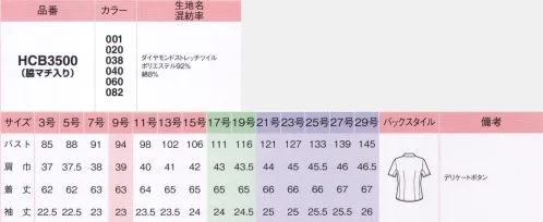 アイトス (ハイナック) HCB3500-040 キテミテ体感半袖ブラウス 人気のブラウスシリーズにやわらかなニュアンスカラー新登場！キレイのためのうれしい機能ベストなどのインに着ても裾が出にくく、透け防止性にも優れ、チラ見え防止のデリケートボタン付き。しかもノーアイロン、衿などの汚れが落ちやすいステインオフ®加工も付いた簡単ケアです。肩腕らくらくほっそり設計腕が上げやすい設計で快適。細見せの身頃で美しく着られ、ベスト着用でも着崩れしにくいので快適です。●「キテミテ体感」POINT肩腕らくらくほっそり！！1.腕が上げやすくて快適。裾が出にくい細見せの身頃で美しく！身頃は従来品より細見せ設計。袖下の長さが通常のブラウスより約4cm長いので腕が上げやすい。裾が上がりにくい。2.マチ入りなので腕が上げやすい。ベスト着用でも着崩れしにくい。従来品ブラウスは、腕を上げると肩まわりがダブったり、衿も上がって着崩れしてしまう。キテミテ体感ブラウスなら、腕を上げてもシワがよりにくいので着崩れしにくい。スッキリらくらくキレイ！キレイのためのうれしい機能1.お手入れラクラク！ノーアイロン●帰ったら洗濯機にポンッ！たたんでネットに入れ、洗濯機で洗います。脱水は弱めにした方がシワができにくく、生地が傷みにくいです。●シワを伸ばしてハンガーへ！脱水後はササッとシワを伸ばしてハンガーにかけて乾かします。●朝にはスキッと乾いてる！スピーディーに乾く素材なので、翌朝にはキレイに乾いています。2.皮脂汚れが落ちやすい！ステインオフ®ひじの汚れやファンデなどが付きにくく、汚れても落ちにくいステインオフ®加工。衿汚れが繊維上のSR剤に刷り込まれて付着します。↓洗液中でSR剤が膨張し、付着した汚れを押し上げ、落ちやすくします。東レスプリンジー®生地使用●優れた吸汗速乾性！速乾性は綿の約7倍以上！だから、汗をかいても着心地サラッ。お洗濯時の乾きもスピーディーです。●うれしい透け防止効果！セラミックを練り込んだ特殊ポリマーの働きで、気になる透けを防止。UVカット効果も発揮。見えないところにもやさしい工夫 デリケートボタン合わせのすき間から仲が見えないデリケートボタン。※21号・23号・25号・27号・29号は受注生産になります。※受注生産品につきましては、ご注文後のキャンセル、返品及び他の商品との交換、色・サイズ交換が出来ませんのでご注意ください。※受注生産品のお支払い方法は、先振込（代金引換以外）にて承り、ご入金確認後の手配となります。 サイズ／スペック