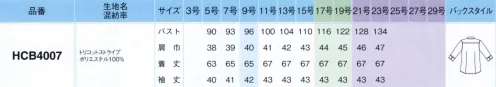 アイトス (ハイナック) HCB4007-020 七分袖ブラウス SUPER NO IRON BLOUSE北陸の素材力アイロン不要できちんと美しい、高い形態安定性を持ちながら肌触りは柔らかく滑らかで、緻密な編み目が上品な雰囲気。高機能でありながら、美しさや着心地も犠牲にしない。そんな高い素材力は、国内有数の繊維産業地、福井県で培われた技術があるからこそ。洗濯しても生地の張り感やシルエットが崩れにくく、ほどよい伸縮性や、吸水速乾仕様など、とことん便利に心地よく。北陸産こだわり素材のブラウスなら、毎日がより快適に変わるはず。●ノーアイロンハンガーにかけて干すだけできちんときれいに着られる形態・寸法安定性に優れたトリコット素材はアイロンがけ不要。型崩れしにくいので、洗って乾かすだけでシャキッと着られます。●ストレッチ性弾力があって柔らか、ほどよい伸縮性で伸びやかな着心地ニットの柔らかさと布帛の美しさが両立するトリコット素材は、ほどよい伸縮性のある優しい肌触り。のびやかな着心地も優秀です。●吸水速乾翌朝にはきれいに乾くから、毎日のお手入れもらく夜洗って干せば、朝そのまま着られる便利さも、汗をかいてもさらりと乾く快適さも魅力。●防汚加工汚れがつきにくく、落としやすい防汚加工済みだから、油や化粧品などの手強い汚れも洗濯で落ちやすいのもうれしいところ。●端正な表情上質感のあるトリコット素材を使用経編で仕上げたトリコットは機能素材でありながら、緻密な編み目がドレッシーで、なめらかな表面感にクラス感が漂う美しい表情。選べる2タイプ清潔感が香るベーシックな3色を無地とストライプで表情豊かに端正な生地目を活かした無地と、スマートさを足した繊細ストライプ。どちらも凛と美しい仕上がりです。（無地の七分袖ブラウスはHCB4107となります）凛としたストライプ一枚で着ても様になる知的さ漂う縞柄細いピッチとラインで描いた繊細なストライプ柄は、ハンサムすぎず知的な雰囲気。品よくドレッシーな表情です。※21号・23号は受注生産になります。※受注生産品につきましては、ご注文後のキャンセル、返品及び他の商品との交換、色・サイズ交換が出来ませんのでご注意くださいませ。※受注生産品のお支払い方法は、先振込み（代金引換以外）にて承り、ご入金確認後の手配となります。 サイズ／スペック