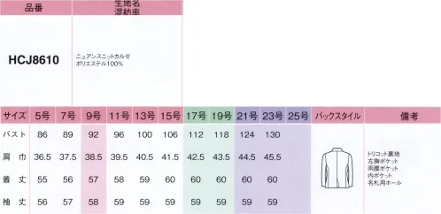 アイトス (ハイナック) HCJ8610-011 ジャケット ニュアンス ニット カルゼ表面感のある杢調素材がワンランク上の洒落感を演出。濃淡のあるミックスカラーと生地の綾目が美しいこのシリーズは、無地タイプのボトムと相性のいい、ジャケットとベストのラインナップ。ポケット部分を異素材で引き締めたトラッド風のデザインがさりげないトレンド感と、優しい印象を演出します。【新しいこのニットスーツシリーズは、ほかと何が違うの？】●POINT1.ぐんと伸びやか、ノンストレス動きやすい！ストレッチ性の高さが魅力のニット素材だから、どんな動きにも寄り添ってくれるのが一番のポイント。座ったりしゃがんだり、ぐいっと背中を丸めたりひじやひざの曲げ伸ばしも楽ちんです。●POINT2.長時間座った後もきれいなままシワになりにくい仕事を終えて立ち上がった時に気がつく座りジワや腕や背中のシワは、意外と目立って好印象を損ねがち。2シリーズで使用している上質ニットなら、シワ回復性が高いので、美しさをキープします。●POINT3.程よいハリコシがあるからこそ仕立て映え特殊な仮撚り加工を施すことで、ニット素材ならではの柔らかさを保ちつつ、適度なハリコシのある素材感を実現。ラクな着心地と端正なシルエットを両立させました。●POINT4.高機能・高品質でありながら、うれしい低価格高級素材を使用した、高機能・高品質な上質ニットスーツでありながら、デザインニットスーツ界でも上位を争う低価格を実現。仕事服の新スタンダートとなるシリーズです。※21～23号は受注生産になります。※受注生産品につきましては、ご注文後のキャンセル、返品及び他の商品との交換、色・サイズ交換が出来ませんのでご注意くださいませ。※受注生産品のお支払い方法は、先振込み（代金引換以外）にて承り、ご入金確認後の手配となります。 サイズ／スペック