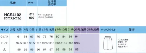 アイトス (ハイナック) HCS4102 フレアースカート（56cm丈） 夏のストレスフリーを一掃！快適を極めたサマーニットスカート誕生！暑さに汗、ムレやニオイなど、高温多湿な日本の夏はストレスがいっぱい。そんな厳しい季節にこそ実力を発揮するのが、賢くきれいな「夏のニット」！着心地は軽く涼やかで、汗のベタつきやニオイもさらりとクリア。よく伸びる素材だから、動きやすく、疲れにくい。夏のスカートの新定番が、うれしいバリュープライスで登場です！高機能夏素材「ICE SKIN®」を採用●POINT1.高通気夏の衣服は、生地が薄くても通気性がよくないと、熱がこもって熱く感じやすいもの。生地がどのくらいの風を通すかを数値で表す通気性計測法では、一般的に50cc/cm2・sec以上のものだけが、通気性がよい素材としてクールビズにも推奨されています。ICE SKIN®はその基準を優に超える178.7cc/cm2・secという驚くほどの高数値。スーッと風が通り抜けるような軽やかな着心地です。●POINT2.吸汗速乾厚さを感じていない時でさえ、気付かない間に汗ばむことも多いこの季節。汗でスカートがぴったり張り付いて…なんて不快を感じないように、吸水速乾機能が快適をサポート。水分をさっと吸収し、速やかに拡散するので、汗をかいてもすぐにサラサラ。張り付き感を抑えます。さらに、お洗濯にもこの機能が大活躍。脱水後、干した瞬間から乾き始めるから、お手入れ簡単！●POINT3.接触冷感熱い日にも心地いい、ひんやりとした肌当たり。涼やかな感触は、生地の熱拡散率の高さがポイント。生地に触れた瞬間に、高い通気性や吸放湿性によって熱や湿気を外に逃がすことで、冷たさを感じるのです。この熱の移動量が接触冷感評価値の単位で、0.2W/cm2以上が冷たく感じる目安。ICE KIN®はその目安をクリアしています。●POINT4.高UVカット率日差しの強い時期に毎日着る服だから、紫外線対策にもこだわりました。顔や手は日焼け止めなどで簡単にケアできても、なかなか手がまわらない下半身は、まとう衣服で紫外線カットするのも賢い手。UVカット率97.9％というパワフルな防御力を持つこのスカートなら、はくだけでUV対策が完了！●抗菌防臭加工長時間座りっぱなしのシーンでは気付かない間にムレていたり、汗をかいても拭きにくかったり、何かとニオイを気にしがち。抗菌防臭加工済みの生地なら、イヤなニオイの元となる菌の増殖を抑制してくれるから、汗の季節も安心。清潔に過ごせます。※23号は受注生産になります。※受注生産品につきましては、ご注文後のキャンセル、返品及び他の商品との交換、色・サイズ交換が出来ませんのでご注意ください。※受注生産品のお支払い方法は、先振込（代金引換以外）にて承り、ご入金確認後の手配となります。 サイズ／スペック