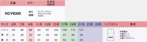 アイトス (ハイナック) HCV8300-011 ベスト こだわりの定番ベストはこれ！シンプルで合わせやすいオールマイティーなベスト新登場！シルエットがキレイだと、テキパキ働きたくなるのが、女心です。パイピングの視覚効果でメリハリ感をプラス。着用しやすい定番カラー×バスケットボーダーで華やか。腰位置を高く見せるパイピングを後ろ姿にも。ぐんと脚長に見えます。優しいトーンのネイビーで知的さと女性らしさを両立。ニュアンスがあるネイビーでつくる好印象フェミニンコーデ。●スマホや小銭の収納に便利な大きめポケット付。●こだわりの背面タックペプラムがアクセント。●ラインがさり気なくあしらわれた上品なボタン。トーア紡ハイブリッドマテリアルソフトな風合いと機能性を高次元で融合させたハイクラス素材。高機能導電性繊維混紡により静電気の不快感を軽減。※21号は受注生産になります。※受注生産品につきましては、ご注文後のキャンセル、返品及び他の商品との交換、色・サイズ交換が出来ませんのでご注意くださいませ。※受注生産品のお支払い方法は、先振込み（代金引換以外）にて承り、ご入金確認後の手配となります。 サイズ／スペック