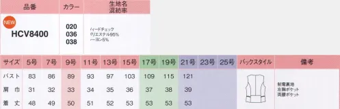 アイトス (ハイナック) HCV8400-020 ベスト 繊細なチェックが誰からも好印象な一着。明るすぎず暗すぎない柔らかなカラーと、優しい印象の繊細なチェックが、どんな職場にも馴染みやすい王道デザイン。年代や体型を問わず誰にも着やすく、メリハリのあるシルエットや黒のパイピングが、身体のラインをキュッと細く、スタイルアップを狙います。上質のウールのような風合を持つツイード素材ながら、気軽に家で洗えるので、お手入れが簡単です。◎大容量ポケット底に向かって広がる大容量ポケットだから、小物の収納力も抜群です。◎ボタンラインにさり気なくあしらわれたボタンが、上品でリュクスな印象を演出します。◎バックスタイル背中にあしらった黒のパイピングとメリハリシルエットでスタイルアップ。※21号は受注生産になります。※受注生産品につきましては、ご注文後のキャンセル、返品及び他の商品との交換、色・サイズ交換が出来ませんのでご注意くださいませ。※受注生産品のお支払い方法は、先振込み（代金引換以外）にて承り、ご入金確認後の手配となります。 サイズ／スペック