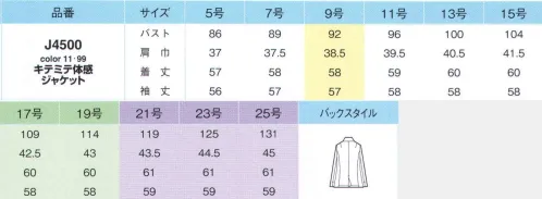アイトス (ハイナック) J4500-99 キテミテ体感ジャケット 快適な着心地にはわけがあり。「キテミテ体感」腕を上げたり、階段を上ったり、座り続けたり。オフィスや外出先で活躍する女性がずっと素敵＆スマイルでいられるように。そんな願いをこめてつくられた、ピエブリッドシリーズ。快適なワケはボディライン＆動きにあわせた、実用新案取得パターンを採用しているから。さあ、手にとって。着るほどに、その心地よさ、体感してください。颯爽と理想の爽やかベーシック。春に爽やか、夏に涼しい、理想系のウェア登場。ソフトで軽くドライな着心地で、ベーシックな中にきらりとかわいく光沢感のあるチェック柄。ほっそり見せてらくらく動きやすい！【キテミテ体感POINT】[1]腕がラクに上げやすい！袖下の長さが通常のジャケットより3～4ｃｍ長いので、腕が上げやすい。裾が上がりにくい。袖下から脇にかけて”ダーツを取った特殊なマチ布入り”。[2]肩腕まわりがゆったり！通常のジャケットより肩腕周りに3～4ｃｍのゆとりを入れています。バスと・ウエストは変えていないのですっきり。[3]動かしやすい！きつくない！背抜きしようだから風が通りやすく、心地いい着用感。マニフィーレ:仕立て映えする上質感。シワになりにくいしなやかさ。スーツにふさわしい高級ウールのような上質感。シワになりにくい復元力と弾力性、適度なストレッチ性とお手入れのしやすさで、デイリー使いにぴったりです。選ぶのが楽しくなる！充実の6アイテム×2カラー。背裏:吸水速乾性に優れる高機能素材「クールマックスファブリック」体から汗を素早く蒸散させ、ドライで快適な着心地を保ちます。前身頃・袖裏:特殊構造で夏にうれしい爽やかな感触「シエスト セ ドッソ」拡散性に優れたドライ感とハリ・コシ。15％のストレッチ率と滑らかさや光沢感、透け防止を実現。2種類の特殊フィラメントによるランダム構造で、外気を適度に取り込んで湿気と体温を逃します。※21号・23号・25号は受注生産になります。※受注生産品につきましては、ご注文後のキャンセル、返品及び他の商品との交換、色・サイズ交換が出来ませんのでご注意ください。※受注生産品のお支払い方法は、先振込（代金引換以外）にて承り、ご入金確認後の手配となります。 サイズ／スペック