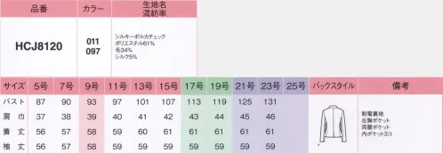 アイトス (ハイナック) J8120-11 ジャケット 凛とした雰囲気のスーツに、ちょっぴり甘めのドットチェックがオフィス映え。贅沢シルク混のシャドーチェックに甘いドットチェックをのせて。※21号・23号は受注生産になります。※受注生産品につきましては、ご注文後のキャンセル、返品及び他の商品との交換、色・サイズ交換が出来ませんのでご注意くださいませ。※受注生産品のお支払い方法は、先振込み（代金引換以外）にて承り、ご入金確認後の手配となります。 サイズ／スペック