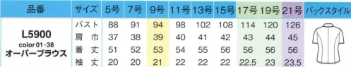 アイトス (ハイナック) L5900-01-B オーバーブラウス　17号～19号 綿の7倍以上の速乾性をもつ高機能素材、東レスプレンジーは吸った汗をすぐに拡散するので、とにかく乾きが早くいつもサラリとした着心地をキープします。また、紫外線をカットして衣服内の温度上昇を抑制します。さらにセラミックを練り込んだ1本1本の糸に特殊なポリマーを使用しているので、優れた透け防止効果を発揮します。吸汗速乾性に優れており、シワになりにくいのでカタチを整えてハンガーに干せば、アイロンの必要もありません。合わせのすき間から中が見えないように、デリケートスナップを2箇所つけました。胸ポケットな中には名札をはさめるループを付け、通常より深めに仕上げたポケットには名刺入れなど、長いものもすっきり収まります。  ※21号は受注生産になります。※受注生産品につきましては、ご注文後のキャンセル、返品及び他の商品との交換、色・サイズ交換が出来ませんのでご注意くださいませ。※受注生産品のお支払い方法は、先振込み（代金引換以外）にて承り、ご入金確認後の手配となります。 サイズ／スペック