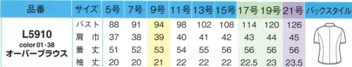 アイトス (ハイナック) L5910-01-B オーバーブラウス　17号～19号 綿の7倍以上の速乾性をもつ高機能素材、東レスプレンジーは吸った汗をすぐに拡散するので、とにかく乾きが早くいつもサラリとした着心地をキープします。また、紫外線をカットして衣服内の温度上昇を抑制します。さらにセラミックを練り込んだ1本1本の糸に特殊なポリマーを使用しているので、優れた透け防止効果を発揮します。吸汗速乾性に優れており、シワになりにくいのでカタチを整えてハンガーに干せば、アイロンの必要もありません。合わせのすき間から中が見えないように、デリケートスナップを2箇所つけました。胸ポケットな中には名札をはさめるループを付け、通常より深めに仕上げたポケットには名刺入れなど、長いものもすっきり収まります。 ※21号は受注生産になります。※受注生産品につきましては、ご注文後のキャンセル、返品及び他の商品との交換、色・サイズ交換が出来ませんのでご注意くださいませ。※受注生産品のお支払い方法は、先振込み（代金引換以外）にて承り、ご入金確認後の手配となります。 サイズ／スペック