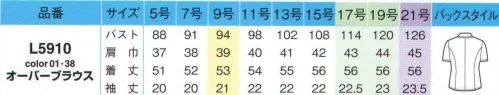 アイトス (ハイナック) L5910-38 オーバーブラウス 綿の7倍以上の速乾性をもつ高機能素材、東レスプレンジーは吸った汗をすぐに拡散するので、とにかく乾きが早くいつもサラリとした着心地をキープします。また、紫外線をカットして衣服内の温度上昇を抑制します。さらにセラミックを練り込んだ1本1本の糸に特殊なポリマーを使用しているので、優れた透け防止効果を発揮します。吸汗速乾性に優れており、シワになりにくいのでカタチを整えてハンガーに干せば、アイロンの必要もありません。合わせのすき間から中が見えないように、デリケートスナップを2箇所つけました。胸ポケットな中には名札をはさめるループを付け、通常より深めに仕上げたポケットには名刺入れなど、長いものもすっきり収まります。 ※21号は受注生産になります。※受注生産品につきましては、ご注文後のキャンセル、返品及び他の商品との交換、色・サイズ交換が出来ませんのでご注意くださいませ。※受注生産品のお支払い方法は、先振込み（代金引換以外）にて承り、ご入金確認後の手配となります。 サイズ／スペック