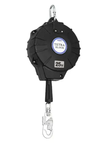 藤井電工 TRB-25 テトラブロック25m(台付・引寄ロープ付) テトラブロック25m耐久性の高いステンレスを使用し、メンテナンスが軽減されます。ラチェット機構で安全性を確認しやすく、内蔵ディスクブレーキが墜落時の衝撃もやわらげます。特徴・ステンレス素材を採用:ロック機構・ディスクブレーキの主要部品にステンレスを使用し、耐食性とランニングコストを向上。・ワイヤ径を4.3mmから5mmに拡大し、強度と耐久性を向上。・ディスクブレーキ内蔵:実績あるブレーキを採用し、国内外の規格に対応可能。・ラチェット機構のロック爪:ワイヤ操作時に音で正常動作を確認でき、凍結などによる固着が起きにくい設計。・衝撃負担を軽減:内蔵ディスクブレーキがショックアブソーバの役割を果たし、墜落時の衝撃を和らげる。※この商品は受注生産になります。仕様品番:TRB-25品名:テトラブロック25m重量:約13.1kg