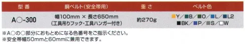 藤井電工 AB-300 サポータベルト（青緑） お手持ちの1本つり専用安全帯と組み合わせると、腰当たりが柔らかく、また安全帯の重量を広い面積で受けるため、腰が大変ラクです。ベルト押さえが全てマジックテープ方式なので、工具袋等を外すことなく、簡単に取り付けることができます。※安全帯幅50mmと60mmに兼用できます。※この商品は受注生産になります。※受注生産品につきましては、ご注文後のキャンセル、返品及び他の商品との交換、色・サイズ交換が出来ませんのでご注意ください。※受注生産品のお支払い方法は、先振込（代金引換以外）にて承り、ご入金確認後の手配となります。 サイズ／スペック