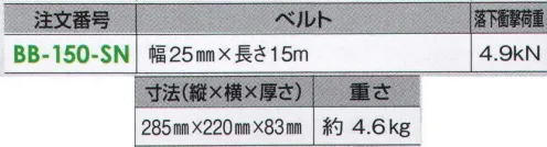 藤井電工 BB-150-SN ベルブロック 建設工事現場・梯子での昇降中の墜落事故を防止します。ベルト巻取り機構に減速機構をプラスし、ベルトの急激な巻取りや乱巻きを防止します。※旧商品番号BB-15B 昇降用。ベルト巻取り式。ベルトの長さ15m 用途=建設工事、土木工事、鉱山、造船所、橋梁、その他一般高所作業。※この商品は受注生産になります。※受注生産品につきましては、ご注文後のキャンセル、返品及び他の商品との交換、色・サイズ交換が出来ませんのでご注意ください。※受注生産品のお支払い方法は、先振込（代金引換以外）にて承り、ご入金確認後の手配となります。 サイズ／スペック