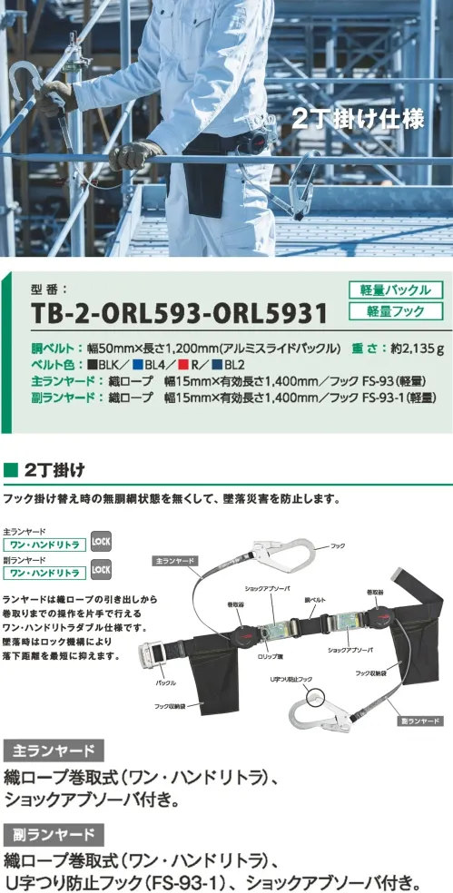 藤井電工 TB-2-ORL593-ORL5931 胴ベルト 2丁掛け ワン・ハンドリトラ 胴ベルト 2丁掛け ワン・ハンドリトラフック掛け替え時の無胴網状態をなくして、墜落災害を防止します。特徴・主・副ともに織ロープ巻取式（ワン・ハンドリトラ）を採用 ・片手で織ロープの引き出し～巻取りが可能・副ランヤードにはU字吊り防止フック(FS-93-1)を装備・ショックアブソーバ付きで万が一の墜落時も衝撃を緩和・ロック機構で落下距離を最短に抑制仕様品番:TB-2-ORL593-ORL5931品名:胴ベルト 2丁掛け ワン・ハンドリトラ サイズ／スペック