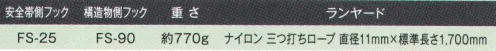 藤井電工 TBL-90 胴ベルト型用ランヤード 三つ打ちロープ（FS-25/FS-90） 胴ベルト型安全帯（一般高所作業用）の取替え用ランヤード。ご使用中の安全帯のロープに摩擦・キズ・キンクなどが見つかれば早めに交換を。※この商品は受注生産になります。※受注生産品につきましては、ご注文後のキャンセル、返品及び他の商品との交換、色・サイズ交換が出来ませんのでご注意ください。※受注生産品のお支払い方法は、先振込（代金引換以外）にて承り、ご入金確認後の手配となります。 サイズ／スペック