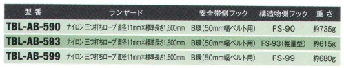 藤井電工 TBL-AB-593 胴ベルト型用ランヤード 三つ打ちロープ（B環/FS-93） 胴ベルト型安全帯（一般高所作業用）の取替え用ランヤード。ご使用中の安全帯のロープに摩擦・キズ・キンクなどが見つかれば早めに交換を。※商品画像のフックは「FS-90」ですが、この商品のフックは「FS-93（軽量型）」になります。※この商品は受注生産になります。※受注生産品につきましては、ご注文後のキャンセル、返品及び他の商品との交換、色・サイズ交換が出来ませんのでご注意ください。※受注生産品のお支払い方法は、先振込（代金引換以外）にて承り、ご入金確認後の手配となります。 サイズ／スペック